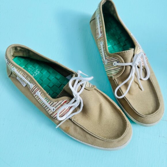 Van's Surf Siders Shoes Canvas Boat Shoes Tan Rainbow Stripes Women's Size 7.5 - Picture 3 of 6